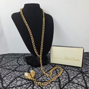 Sarah Coventry Vintage Gold Tone Faux Pearl Tassel Lariat Necklace with Box